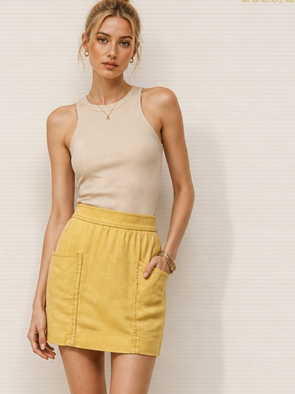 Anthropologie CARTONNIER Skirt Well Pocket Cotton Basketweave Yellow
